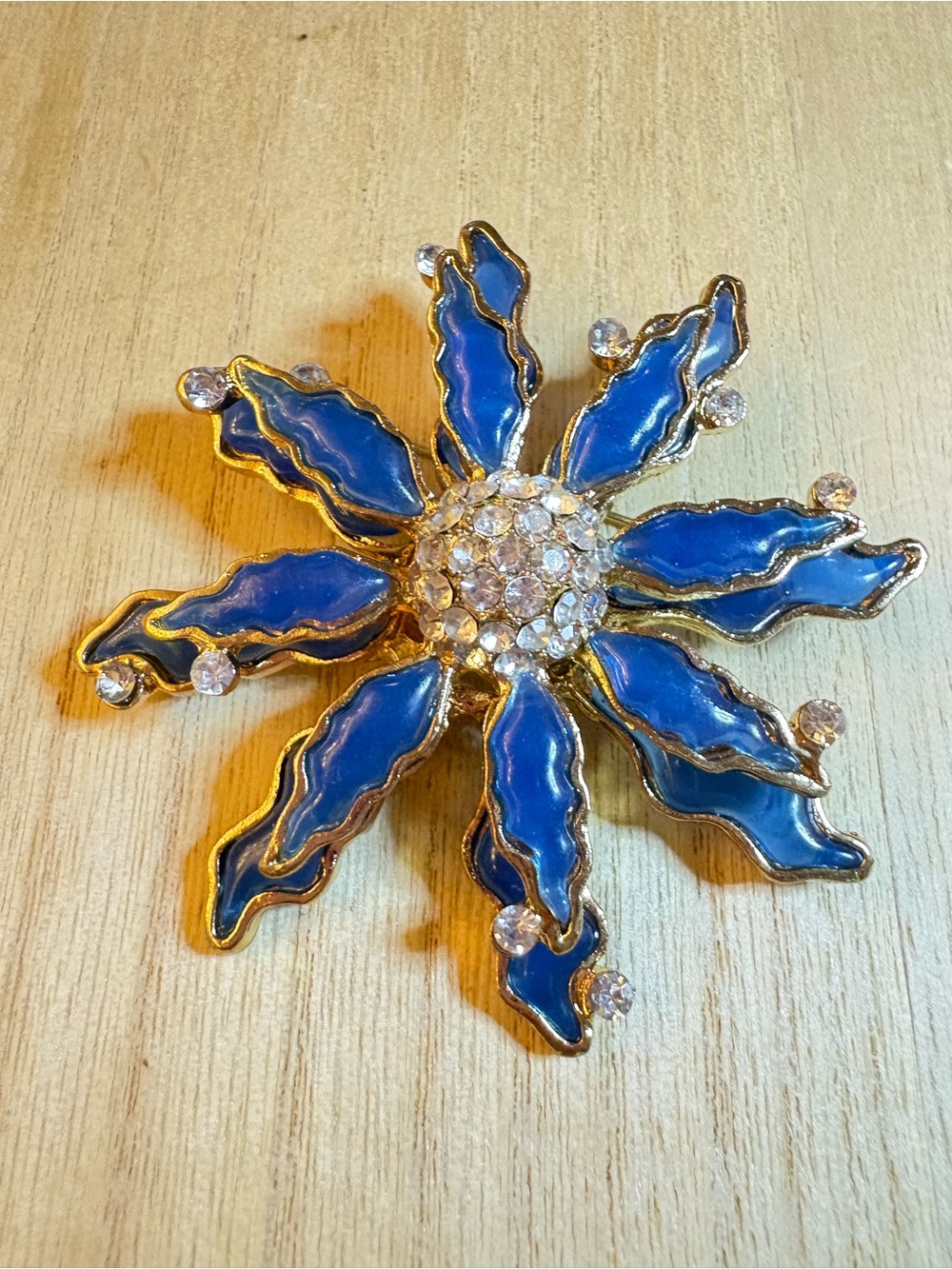 Blue Enamel Flower Sunburst Brooch with Rhinestones